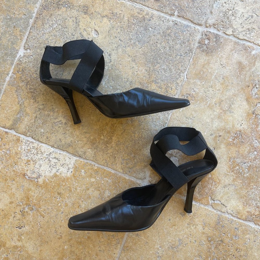Nine West Leather Pointed Toe Kitten Heel Elastic Cross Ankle Strap Size 5M - Picture 3 of 6